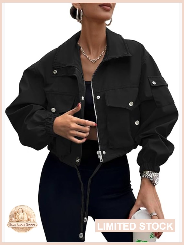 Cropped Bomber Jacket Lightweight Utility Anorak Zip Up Trendy Streetwear